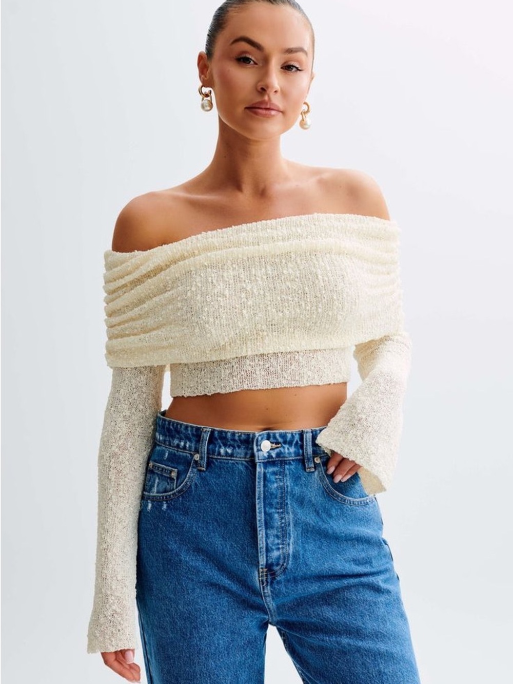 Meshki Marisol Cream Off-the-Shoulder Boucle Cropped Sweater
